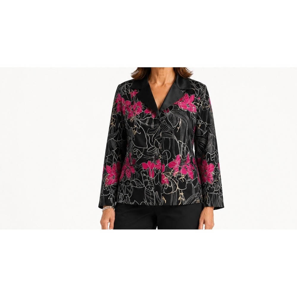 Chico's Silk Blend Embroidered Floral Blazer Jacket Black Pink Size 1 Medium